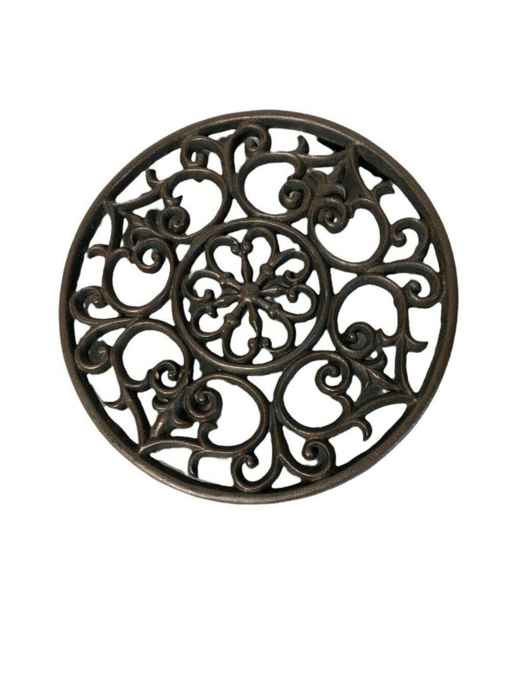 Cast Iron Trivet Round Hearts 9 1/2" Black Footed Wall Hanging Floral Design Hot